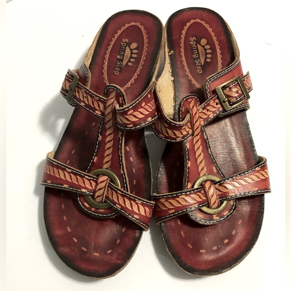 Spring Step Leather Strappy Cinnamon‎ Slide Sandals Red Women US 5.5 EUR 36 boho